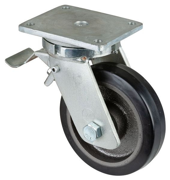 BS Rollen Schwerlastrolle mit Rad-/Feststeller, Breite 50 mm, Ø200 mm, bis 450 kg, Elastik-Reifen schwarz, Radkörper Guss, Kugellager, RR120.B81.201