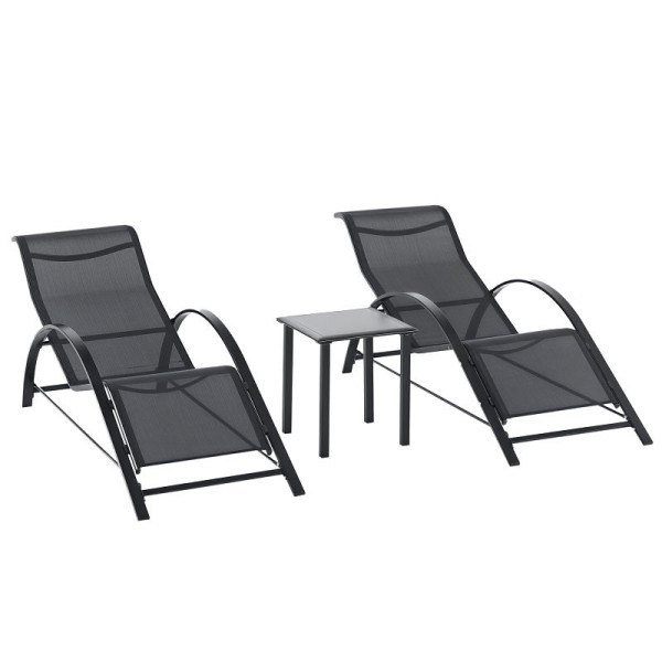 Outsunny Gartenlounge-Set, 2 Liegen mit Beistelltisch, atmungsaktiver Stoff, stabiler Metallrahmen, Schwarz, 84B-570BK