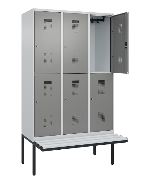 C+P Doppelstock-Spind Evolo PLUS, Bank, 6 Fächer, 2120x1200x815mm, 7035/0004, Zylinderschloss, Sitzfläche Kunststoff, 0493407-32 S10122