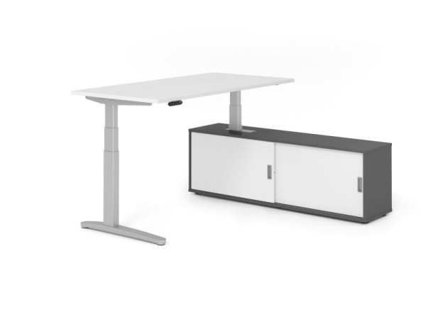 Hammerbacher Schreibtisch XBHM16, 160x80cm, Platte: Weiß, 25mm dick, C-Fuß Gestell Silber, Höhe: 65 - 129 cm, Graphit / Weiß, VXBHM16SB/W/S/G/W