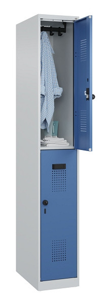 C+P Doppelstöckiger Spind Evolo PLUS, 2 Fächer, 1850x300x500mm, 7035/5023, Drehriegel, 049300-10 S10008