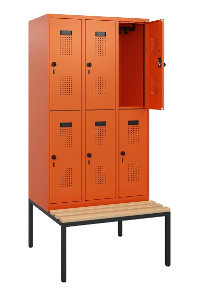 C+P Doppelstöckiger Spind Evolo PLUS, Bank, 6 Fächer, 1950x900x815mm, 2004/2004, Drehriegel, Sitzfläche Buche-Hartholz, Sitzbank, 0493505-30 S10030