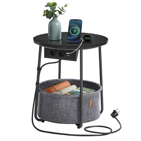 VASAGLE Runder Beistelltisch mit Ladestation, mit Steckdose, USB-Anschlüsse, Stoffkorb, moderner Nachttisch, Ebenholz in Schwarz-Schiefergrau, LET228B02