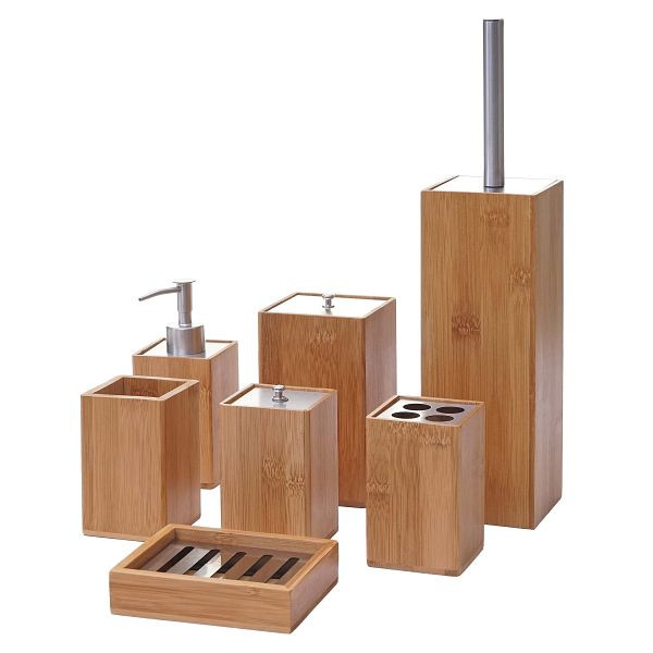 Mendler 7-teiliges Badset HWC-A90, WC-Garnitur Badezimmerset Badaccessoires Seifenspender Zahnbürstenhalter Seifenschale, Bambus, 60786