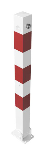 Schake Absperrpfosten Typ 470UDB umlegbar, obenliegenden Dreikantverschluss, 70x70mm, Aufdübeln, weiß mit roten Streifen, mit 2 Ösen, 470UDB+2