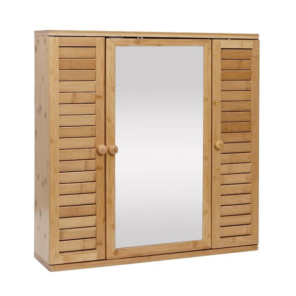 Mendler Spiegelschrank HWC-B18, Badspiegelschrank Hängeschrank, 3 Regalböden 3 Türen Bambus Spiegel 60x60x15cm, 86302