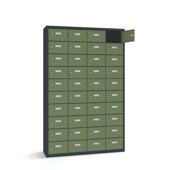 Rotstahl Wertfachschrank, 40 Fächer, Tür einwandig, kurzer Sockel, Korpus: anthrazitgrau, Türen: resedagrün, 2161-041003-1151112-7016-6011