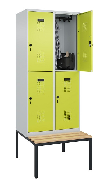 C+P Doppelstock-Spind Evolo PLUS, Bank, 4 Fächer, 2120x800x815mm, 7035/0024, Drehriegel, Sitzfläche Buche-Hartholz, Sitzbank, 0493507-22 S10015
