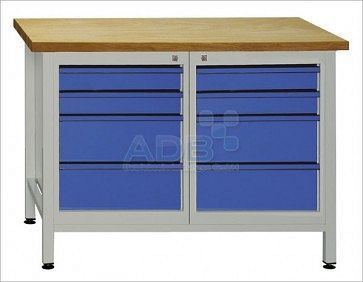 ADB Werkbank 8 Schubladen, Maße: 1200x600x840mm (BxTxH), Farbe Werktisch: grau, RAL 7035, Farbe Schublade / Tür: Lichtblau (RAL 5012), 41932