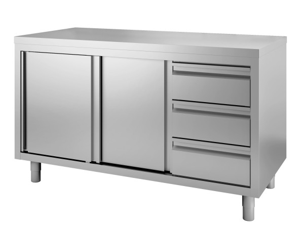 Gastro-Inox Edelstahl Arbeitsschrank mit Schiebetüren und 3 Schubladen, 1400(L)x600(T)x880(H)mm, 302.303