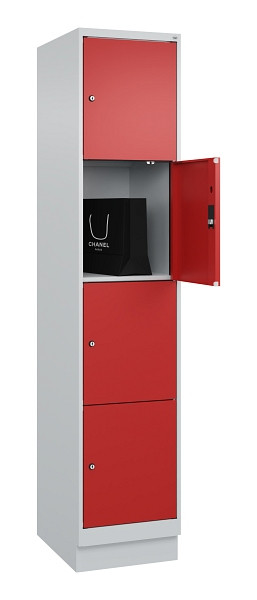 C+P Schließfachschrank Evolo PLUS, mit Sockel, 4 Fächer, 1950x400x500mm, 7035/30, Frontfarbe RAL 3000 feuerrot, 049020-124 S10003
