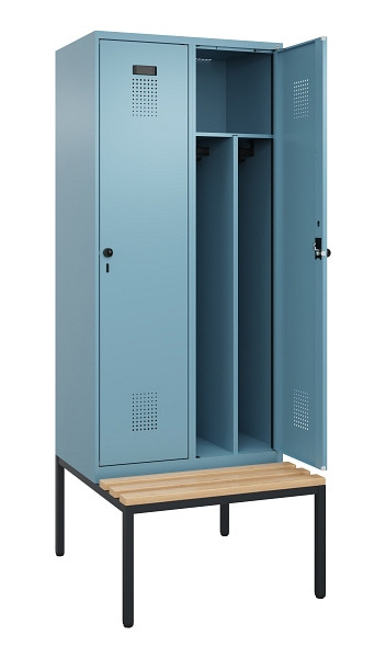 C+P Spind Evolo PLUS, 2 Abteile, 2120x800x815mm, 0010/0010, Haken 4, Drehriegel, Sitzfläche Buche-Hartholz, Sitzbank, Trennwand, 0490507-22F S10021