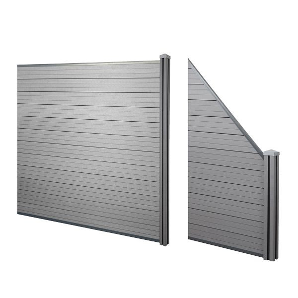 Mendler WPC-Sichtschutz Sarthe, Windschutz Zaun, WPC-Pfosten, 2er Set schräg, 2,91m grau, 58002+57992+57991+57990