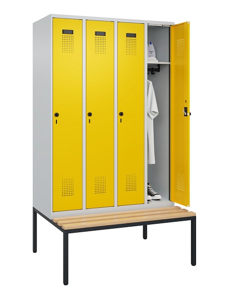 C+P Spind Evolo PLUS, 4 Abteile, 2120x1200x815mm, 7035/1023, Haken 3, Drehriegel, Sitzfläche Buche-Hartholz, Sitzbank, 0490507-40 S10001