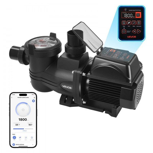 VEVOR Schwimmbadpumpe 30.000 L/h, Variable Drehzahl, 1.350 W, 16 m Höhe, mit Filterkorb, Timer, für Aufstellpools, BSYCGLBSS15HTPH92001V2