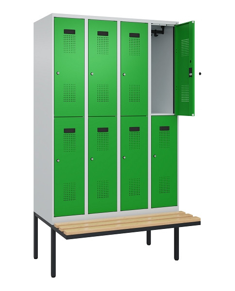 C+P Doppelstock-Spind Evolo PLUS, Bank, 8 Fächer, 2120x1200x815mm, 7035/6037, Zylinderschloss, Sitzfläche Buche-Hartholz, 0493407-40 S10038