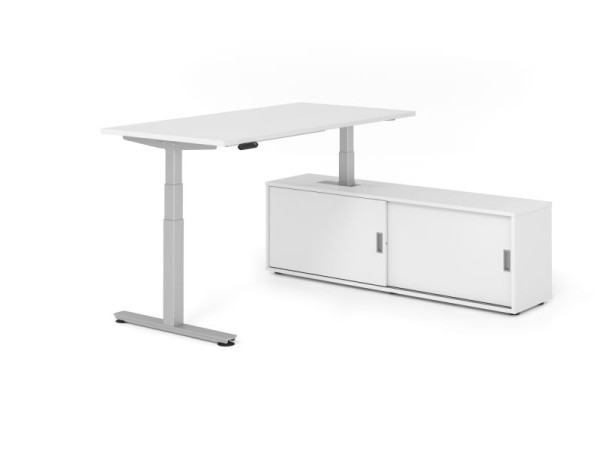 Hammerbacher Schreibtisch XDSM16, 160x80cm, Platte: Weiß, T-Fuß Gestell Silber, Höhe: 63 - 127 cm, Weiß / Weiß, VXDSM16SB/W/S/W/W