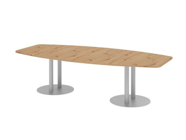 Hammerbacher Konferenztisch KT28S, 280 x 130 cm, Platte: Asteiche, 25mm dick, mit zwei silbernen Säulenfüßen, 7,6/70 cm, Arbeitshöhe 75,5 cm, VKT28S/R/S