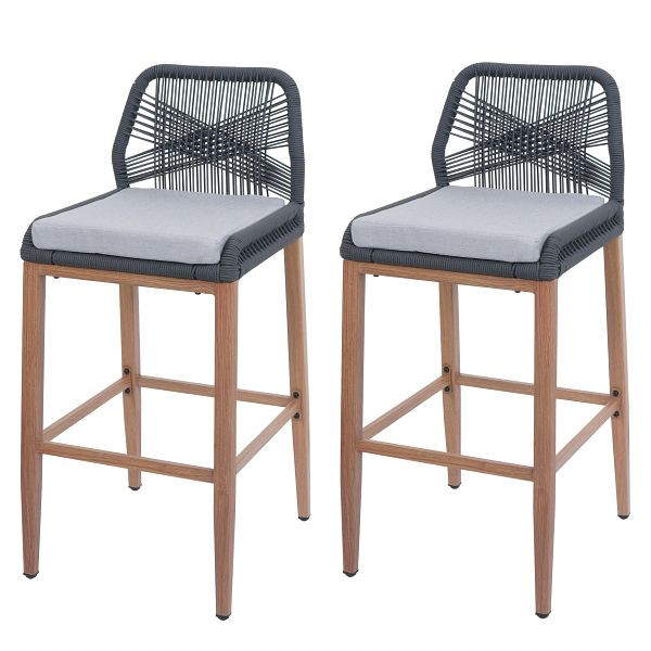 Mendler 2er-Set Rope-Barhocker HWC-O21, Outdoor Sitzpolster Seilgeflecht Metall Holz-Optik, anthrazit, Kissen hellgrau, 110983