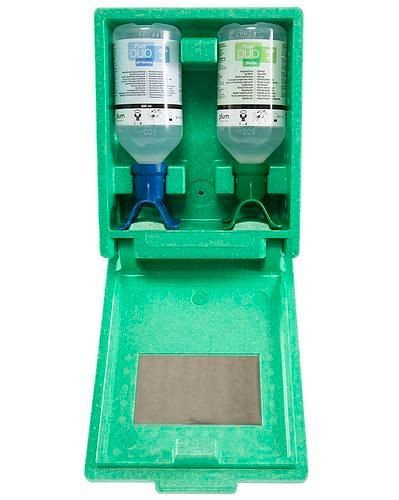 DENIOS Augen-Notfallstation DUO in Wandbox, mit 2 Spülflaschen (pH-neutral - Kochsalz), 243633