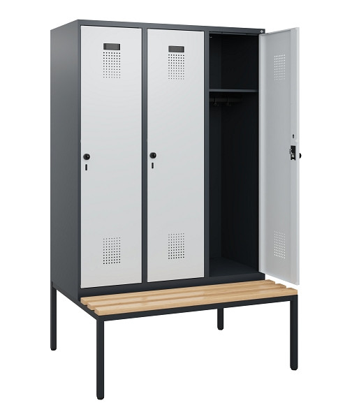 C+P Spind Evolo PLUS, 3 Abteile, 1950x1200x815mm, 7016/7035, Drehriegel, Sitzfläche Buche-Hartholz, Sitzbank, 0490505-32 S10017