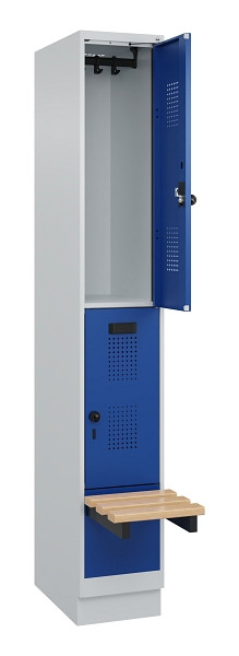 C+P Doppelstock-Spind Evolo PLUS, Bank, 2 Fächer, 1950x300x815mm, 7035/5010, Drehriegel, Sitzfläche Buche-Hartholz, mit Sockel, 049340-10 S10006