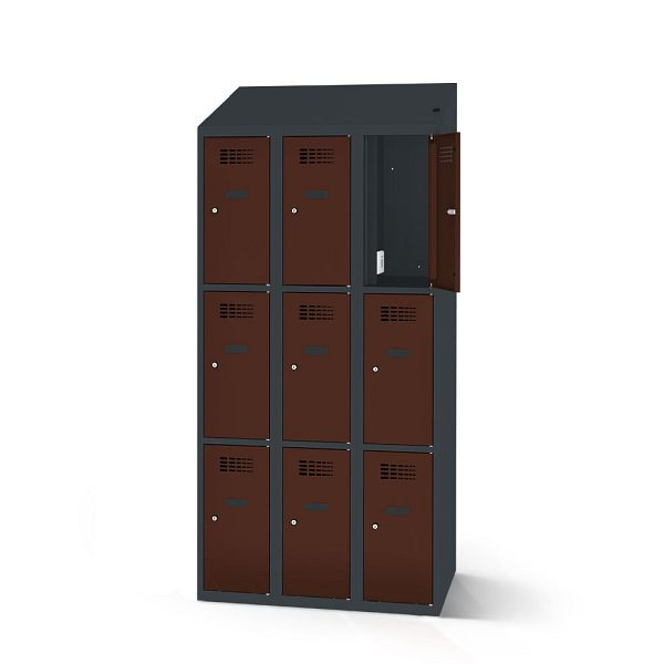 Rotstahl Fächerschrank, 9 Fächer, Stollenfüße, mit Ladefunktion, Schrägdach, Korpus: anthrazitgrau, Türen: mahagoni, 2180-030300-1202112-7016-8016