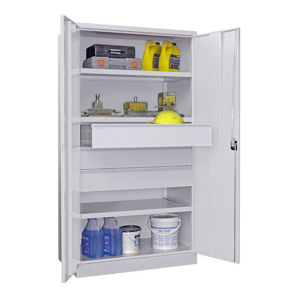 Pavoy Schwerlastschrank 1950/1040/630, 3 Fachböden, 3 Schubladen a 175 mm Höhe, Flügeltüren, Drehgriff mit Zylinderschloss, 36365-104-002-611735