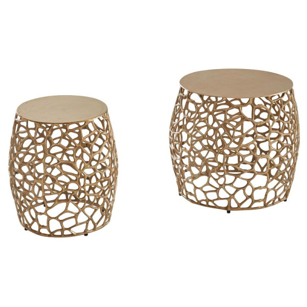 Wohnling Beistelltisch 2er Set Aluminium Gold Design Satztisch Metall Rund, Wohnzimmertisch Couchtisch Ast-Struktur Modern, WL6.690
