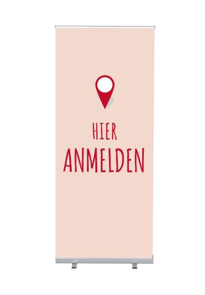 Showdown Displays Roll-Banner Budget 85 Komplettset Hier Anmelden Rot Deutsch, RBB085LSFI359