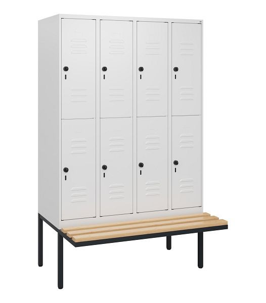 C+P Doppelstöckiger Spind Classic PLUS, 4 Abteile, 1950x1200x815mm, 9016/9016, Drehriegel, Sitzleisten aus Buche, schwebende Sitzfläche, 0803405-40 S10014