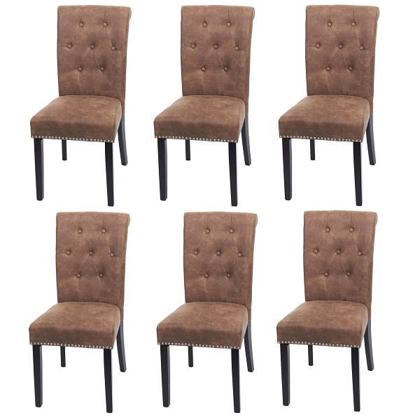Mendler 6er-Set Esszimmerstuhl Chesterfield II, Stuhl Küchenstuhl, Nieten, Stoff/Textil braun, dunkle Beine, 3x82880