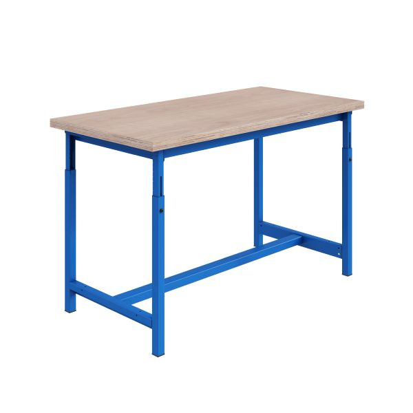 SOFAME PTH Werkbank, mechanisch höhenverstellbar, B 2000 x T 750 x H 780 bis 1060 mm, Multiplex-Arbeitsplatte 40 mm, Himmelblau RAL 5015, W010020246BI