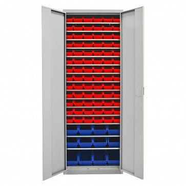 ADB Flügeltürenschrank mit 90 Sichtlagerkästen und Fachböden, Maß BxLxH: 116x212x75 mm, Farbe: Rot, Farbe: Blau, 40833