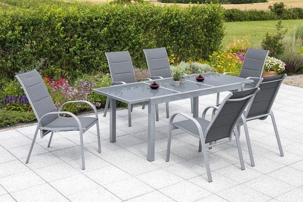 Merxx Amalfi Set 7-teilig, 4 Amalfi Stapelsessel mit hoher Rückenlehne, 2 Amalfi Stapelsessel, 1 Ausziehtisch 160 (220) x 90 cm, silber/grau, 50353-309