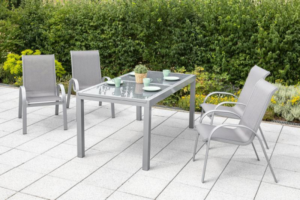 Merxx Amalfi Set 5-teilig, 4 Amalfi Stapelsessel, 1 Ausziehtisch 140 (200) x 90 cm, graue Glasplatte, silber/diamantbraun, 50339-330