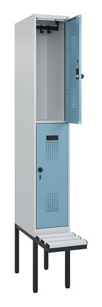 C+P Doppelstock-Spind Evolo PLUS, Bank, 2 Fächer, 2120x300x815mm, 7035/0010, Drehriegel, Sitzfläche Kunststoff, 0493407-10 S10090