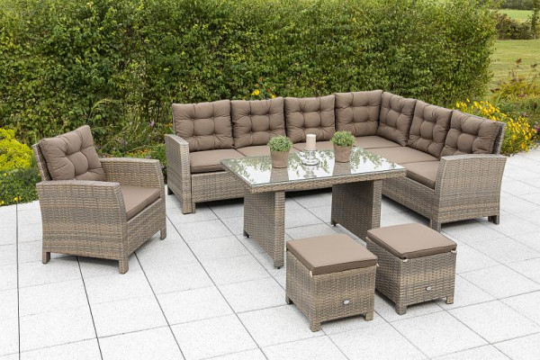 Merxx Salerno Eckbank Dinning Set, 1 Eckbank inkl. Sitz- und Rückenkissen, 1 Sessel, 2 Hocker, 40 x 40 x 43 cm, 1 Tisch 120 x 70 cm, natur/braun, 50467-258