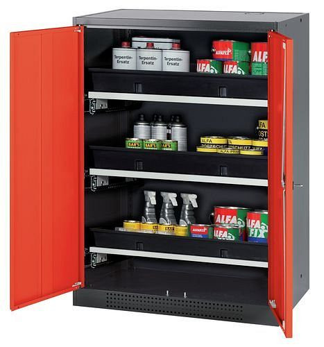 asecos Chemikalienschrank Systema-T CS-83, Korpus anthrazit, Flügeltüren rot, 3 Tablarauszüge, 208856