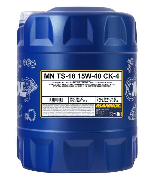 MANNOL Mehrbereichsöl 7118 TS-18 15W-40 CK-4, VE: 20 l, MN7118-20