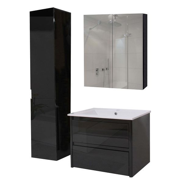 Mendler Badezimmerset HWC-B19b, Waschtisch Spiegelschrank Hängeschrank, hochglanz FSC, schwarz, 97809+57619+57614+57622