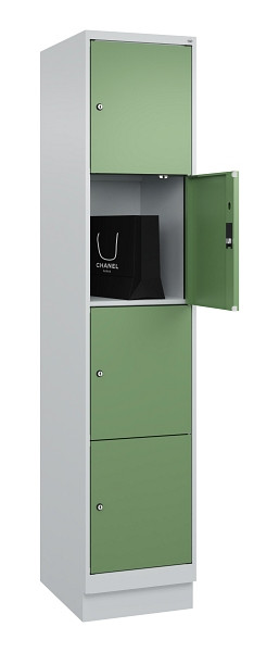 C+P Schließfachschrank Evolo PLUS, mit Sockel, 4 Fächer, 1950x400x500mm, 7035/60, Frontfarbe RAL 6011 Resedagrün, 049020-124 S10010