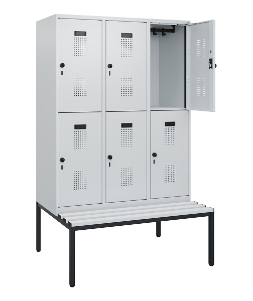 C+P Doppelstöckiger Spind Evolo PLUS, Bank, 6 Fächer, 1950x1200x815mm, 7035/7035, Drehriegel, Sitzfläche Kunststoff, Sitzbank, 0493505-32 S10106