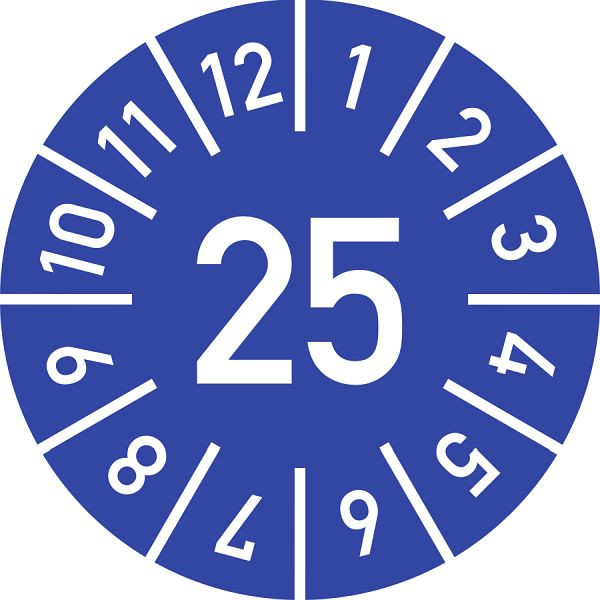 Moedel Prüfplakette Jahr 25 mit Monaten, blau, Folie, Ø 10 mm, VE: 10 Stück/Bogen, 103978