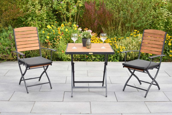 Merxx Santorin Balkonset 5-teilig, 2 Klappsessel, 2 Sitzkissen, uni grau, 1 Klapptisch 70 x 70 cm, Tischplatte aus Akazienholz, 51006-800