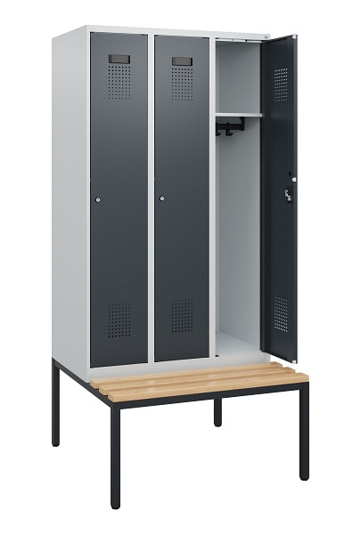 C+P Spind Evolo PLUS, 3 Abteile, 1950x900x815mm, 7035/7016, Zylinderschloss, Sitzfläche Buche-Hartholz, Sitzbank, 0490505-30 S10039