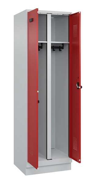 C+P Schwarz-Weiß-Spind Evolo PLUS, mit Sockel, 2 Abteile, 1950x600x500mm, 7035/3, Frontfarbe RAL 3000 feuerrot, Drehriegel, 049022-20 S10003