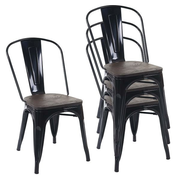 Mendler 4er-Set Stuhl HWC-A73 inkl. Holz-Sitzfläche, Bistrostuhl Stapelstuhl, Metall Industriedesign stapelbar, schwarz, 70775