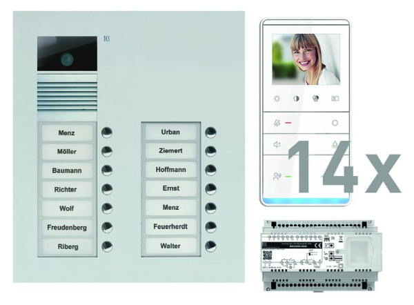 TCS Türkontrollsystem video:pack UP für 14 Wohneinheiten, mit Außenstation AVU 14 Klingeltasten, 14x Video Freisprecher IVW5111, Steuerung, PVU17140-0010