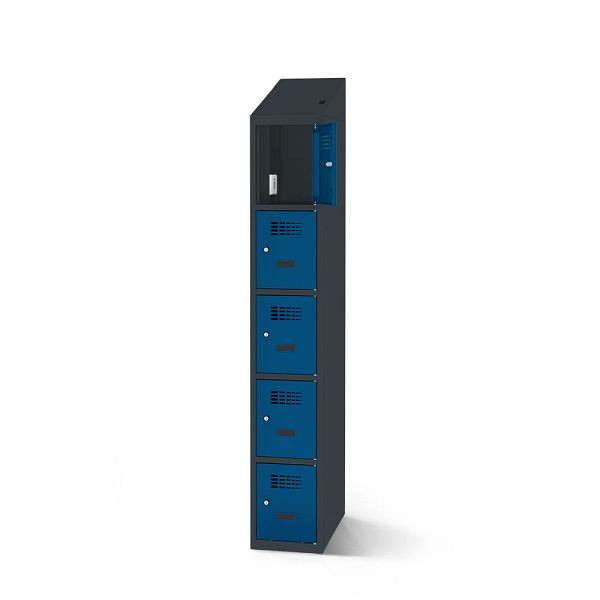Rotstahl Fächerschrank, 5 Fächer, kurzer Sockel, mit Ladefunktion, Schrägdach, Korpus: anthrazitgrau, Türen: enzianblau, 2180-010500-0401112-7016-5010